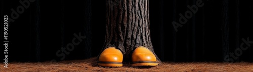 Rooted: A pair of mustard yellow shoes stand at the base of a large tree trunk against a dark background, creating a visually striking image that evokes themes of grounding, nature, and connection. photo