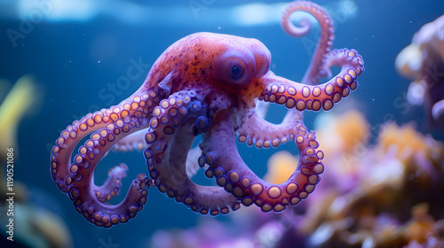 Banner for an aquarium, showcasing exotic marine life and interactive exhibits, octopus in aquarium
