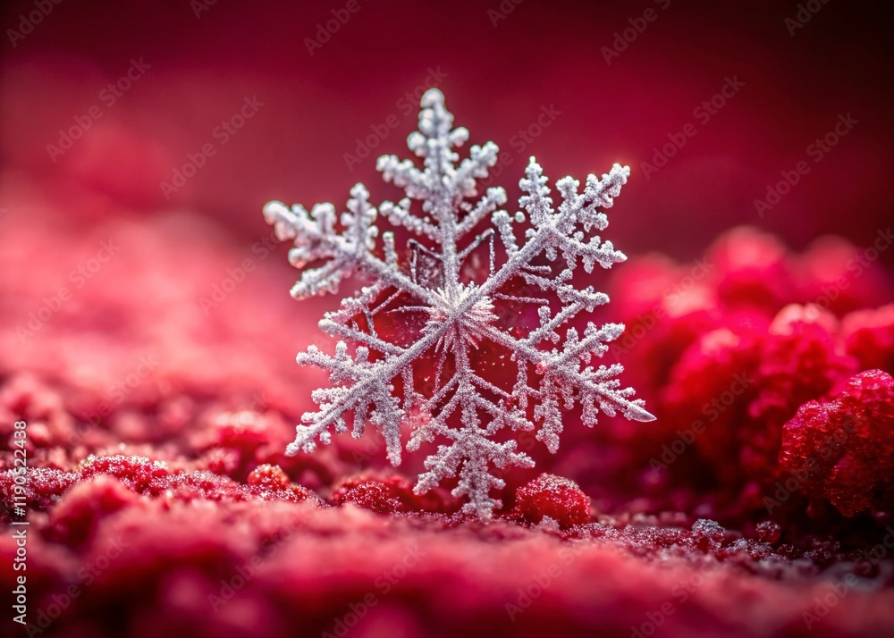 Close-up of a Crystalline Snowflake on a Frosted Red Surface - Tilt-Shift Photography Close-up of a Crystalline Snowflake on a Frosted Red Surface - Tilt-Shift Photography