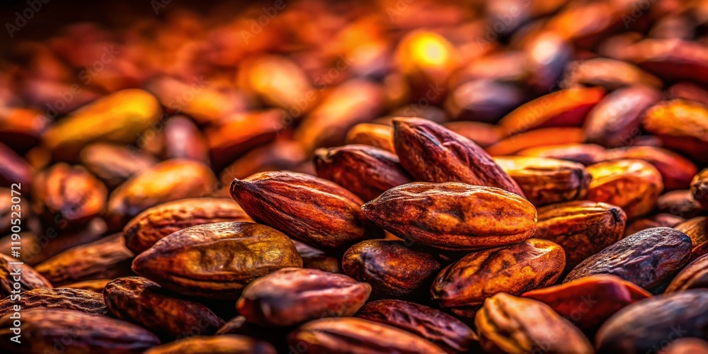 Close-Up of Dried Cocoa Beans, Theobroma Cacao Seeds, Night Photography Close-Up of Dried Cocoa Beans, Theobroma Cacao Seeds, Night Photography