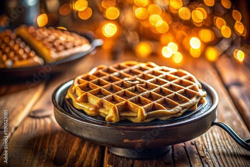 Close-up of Golden Brown Whole Wheat Waffles Baking in Waffle Iron with Bokeh Background photo