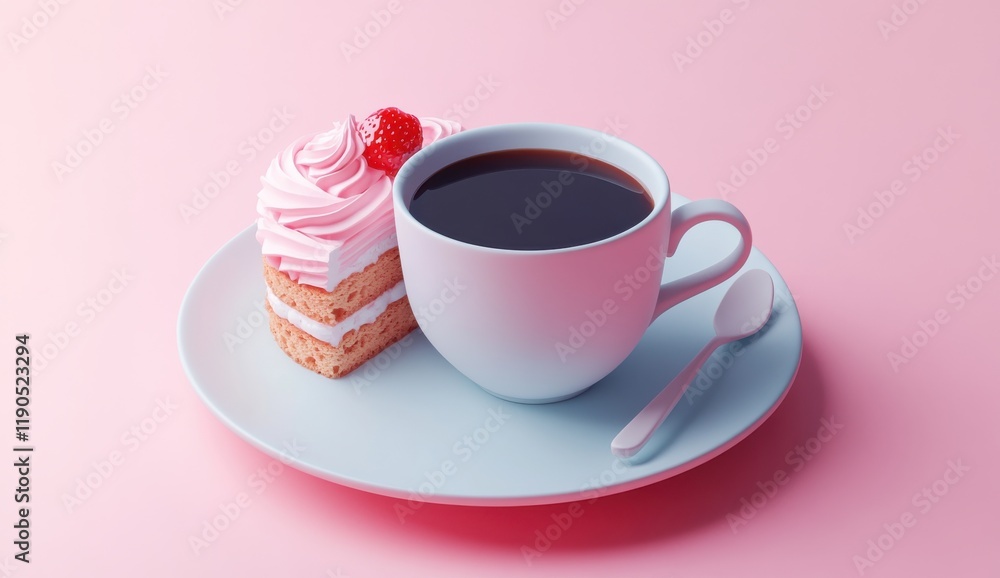 Delicious slice of cake with creamy frosting and fresh strawberry served alongside a steaming cup of coffee on a pastel pink background for a delightful treat Delicious slice of cake with creamy frosting and fresh strawberry served alongside a steaming cup of coffee on a pastel pink background for a delightful treat
