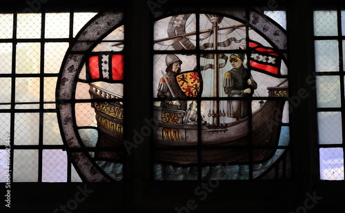 Canvas Print Amsterdam Oude Kerk Church Stained Glass Window Detail Depicting Two Men in a Bo