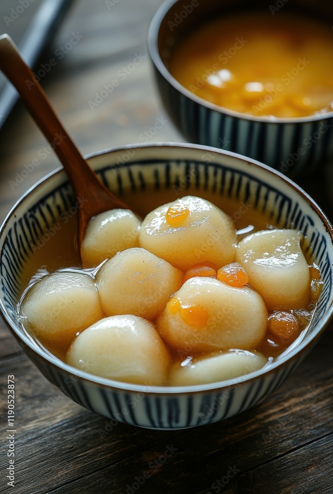 Delicious Sweet Dumplings in Warm Soup Served in Elegant Bowls, Showcasing Traditional Asian Dessert with Soft and Chewy Texture, Topped with Sweetened Fruits Delicious Sweet Dumplings in Warm Soup Served in Elegant Bowls, Showcasing Traditional Asian Dessert with Soft and Chewy Texture, Topped with Sweetened Fruits