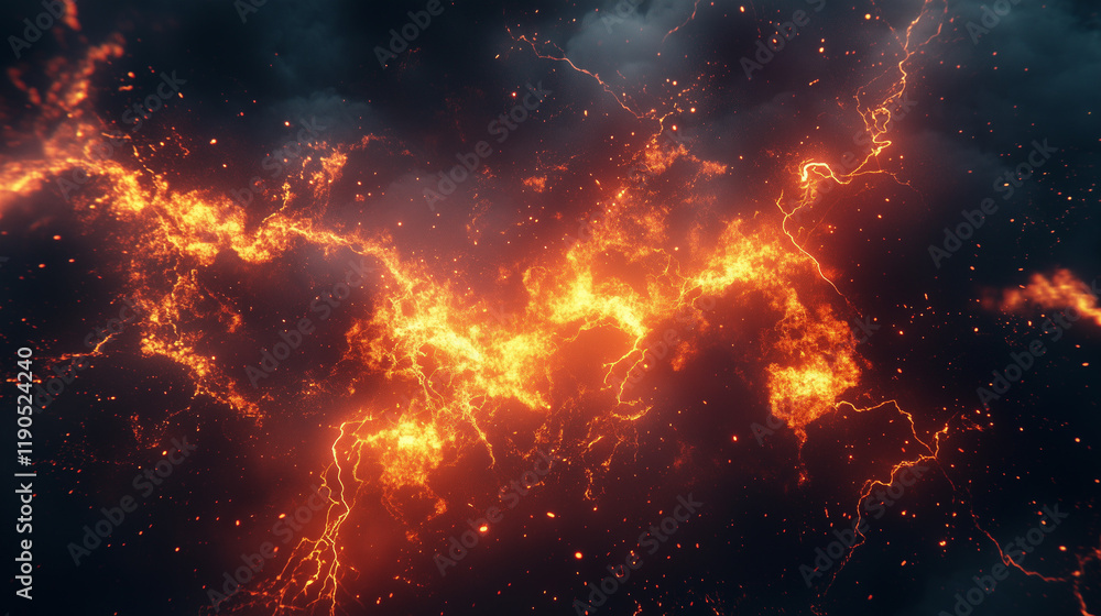 A striking depiction of blazing lightning cutting through a burning electrical field, with sparks and flames swirling in the air. A striking depiction of blazing lightning cutting through a burning electrical field, with sparks and flames swirling in the air.