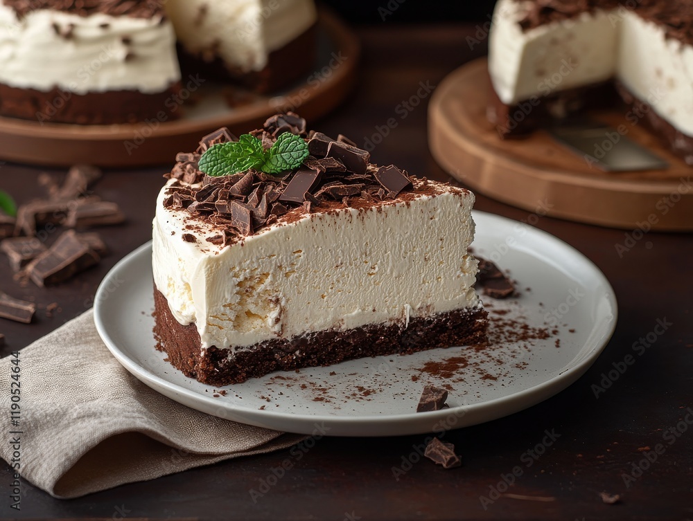 Deliciously Decadent Chocolate Cheesecake Slice Topped with Shaved Dark Chocolate and Fresh Mint Leaves on a Rustic Wooden Table Deliciously Decadent Chocolate Cheesecake Slice Topped with Shaved Dark Chocolate and Fresh Mint Leaves on a Rustic Wooden Table