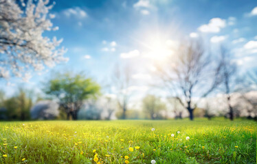 Beautiful spring blurred nature landscape. Background with young juicy green grass with blooming dandelions against the background of flowering trees in the garden.