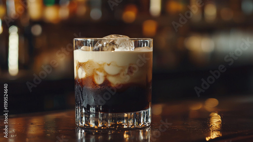A White Russian cocktail in a rocks glass with ice, featuring vodka, coffee liqueur, and cream, creating a rich, creamy, and indulgent drink, perfect for sophisticated evening gatherings.
