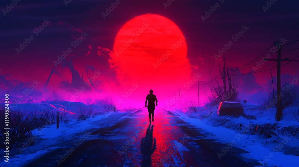 Obraz premium A solitary figure walks down a reflective road under a massive pink sun at dusk, with mountains in the background