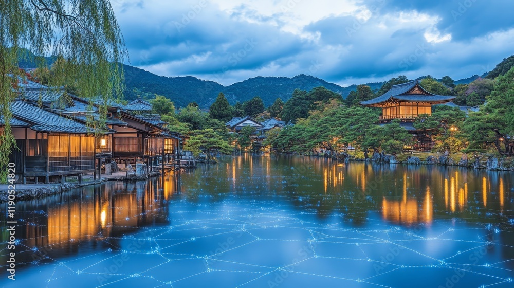 Fototapeta premium Traditional Japanese Houses by Water, Illuminated for Evening, with Digital Network Overlay