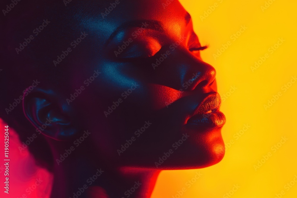 Captivating portrait of a woman against vibrant lighting background showcasing beauty and emotion Captivating portrait of a woman against vibrant lighting background showcasing beauty and emotion