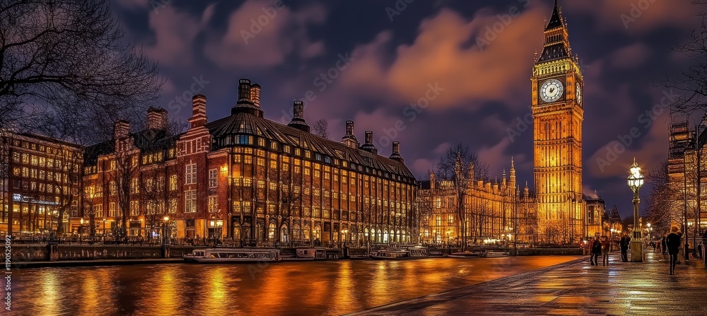 Fototapeta premium Illuminated Riverbank, Houses of Parliament, and the Iconic Clock Tower at Night, London, UK