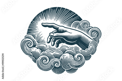 ngraved vintage illustration of God's hand pointing from clouds, vector
