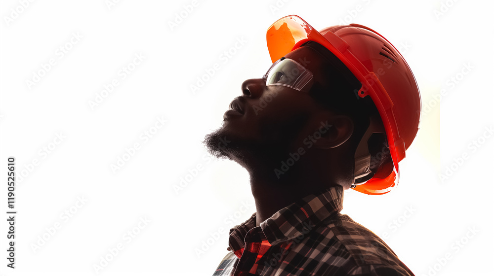 Obraz premium Profile View of black Man Worker with Helmet on White Background
