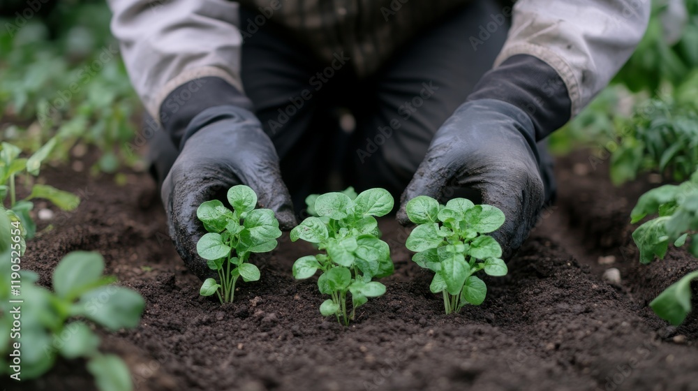 Close up of a person wearing black gloves planting small green seedlings in dark soil in a garden setting Close up of a person wearing black gloves planting small green seedlings in dark soil in a garden setting