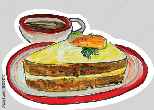 hand illustration of sweet carrot cake and coffee