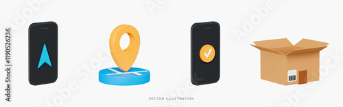 3D Delivery icon set with mobile phone, location pin and open cardboard box. Parcel tracking. Online ordering concept. Package shipping. Cartoon design icons isolated on white. 3D Vector illustration