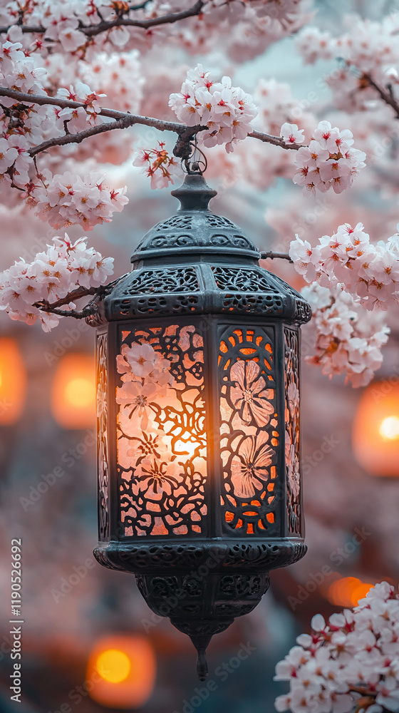 Elegant lantern with cherry blossoms glowing in a soft spring evening Elegant lantern with cherry blossoms glowing in a soft spring evening