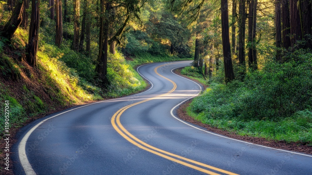 Fototapeta premium Winding road cutting through a lush forest with sunlight filtering through trees