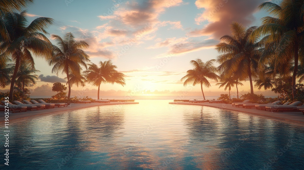 Tranquil sunset view over infinity pool, palm trees, and ocean. Tranquil sunset view over infinity pool, palm trees, and ocean.