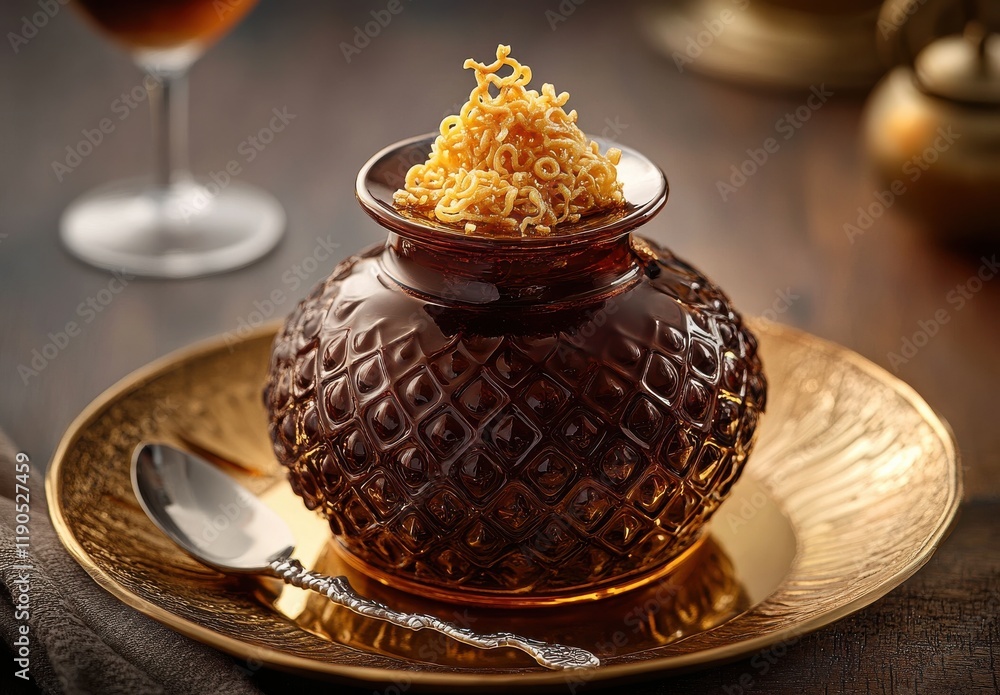 Fototapeta premium Elegant glass jar filled with crispy noodle snacks, beautifully presented on an ornate golden plate, showcasing culinary delights in a cozy ambient setting.