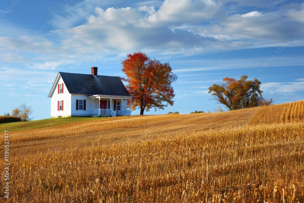 A white farmhouse sits atop a rolling hill overlooking a field of dried corn stalks, A picturesque farmhouse surrounded by fields of golden cornstalks A white farmhouse sits atop a rolling hill overlooking a field of dried corn stalks, A picturesque farmhouse surrounded by fields of golden cornstalks