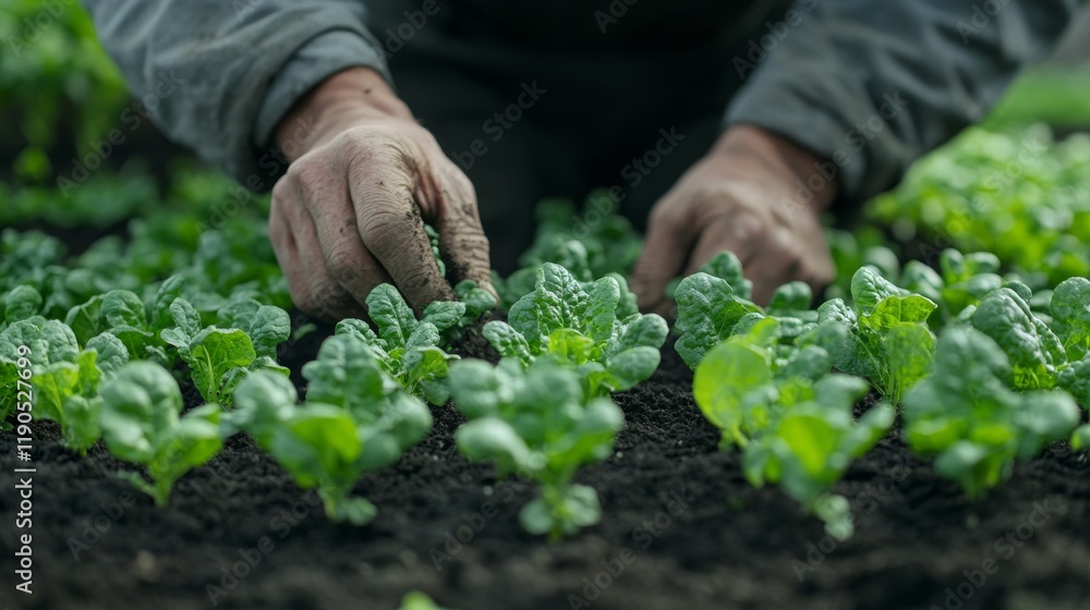 Close-up of a farmer's hands gently tending to young spinach seedlings in a rich dark soil on a farm Close-up of a farmer's hands gently tending to young spinach seedlings in a rich dark soil on a farm