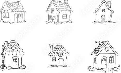 Hand drawn line art gingerbread house vector illustration set collection coloring page