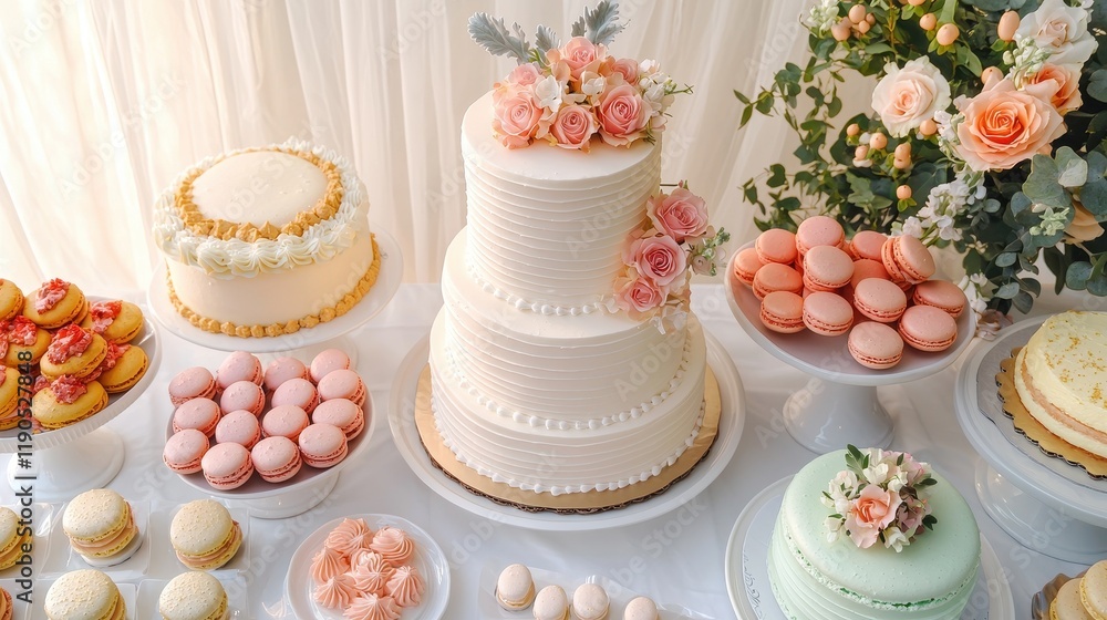 Naklejka premium Elegant wedding cake display at a garden celebration food photography floral decor outdoor setting gourmet treats