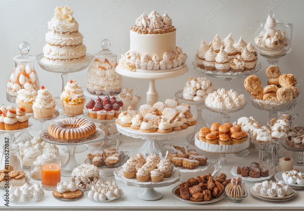 Exquisite Display of an Assortment of Elegant Desserts and Pastries Arranged Beautifully on Multiple Stands for a Festive Occasion or Celebration Exquisite Display of an Assortment of Elegant Desserts and Pastries Arranged Beautifully on Multiple Stands for a Festive Occasion or Celebration