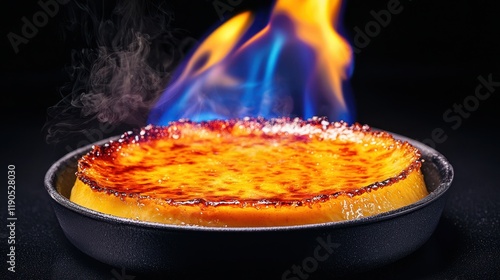 Flaming dessert preparation gourmet kitchen food photography dark background close-up culinary art