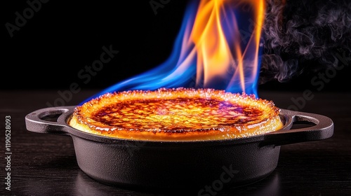 Flaming dessert preparation kitchen food photography dark background close-up culinary art