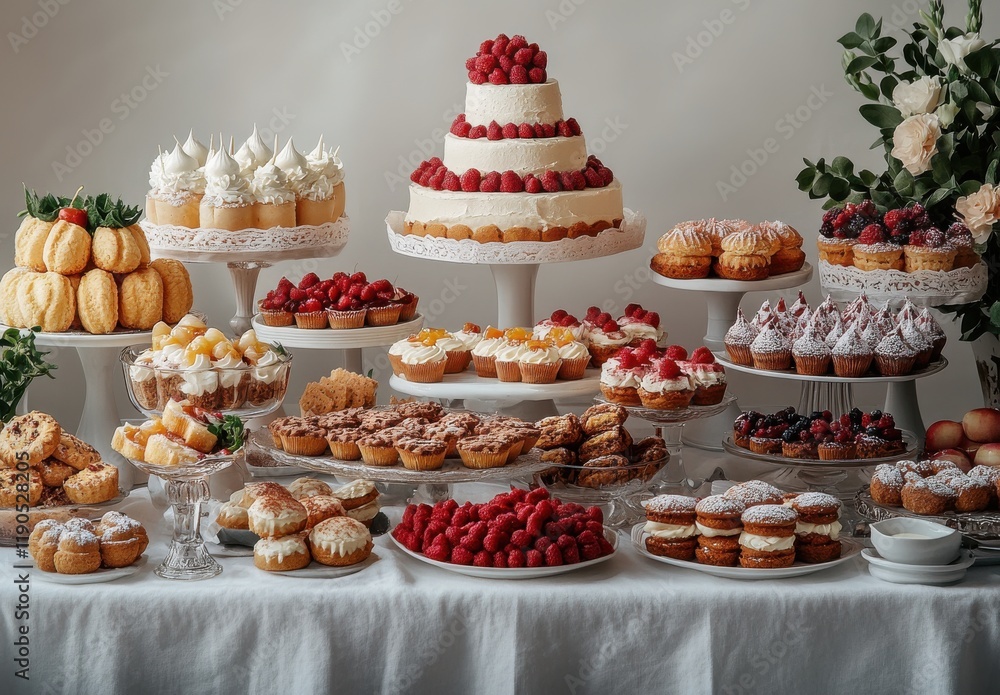 Exquisite Display of Colorful Desserts Featuring Cakes, Cupcakes, Tarts, and Pastries with Fresh Fruits and Creamy Toppings Set Against a Neutral Background Exquisite Display of Colorful Desserts Featuring Cakes, Cupcakes, Tarts, and Pastries with Fresh Fruits and Creamy Toppings Set Against a Neutral Background