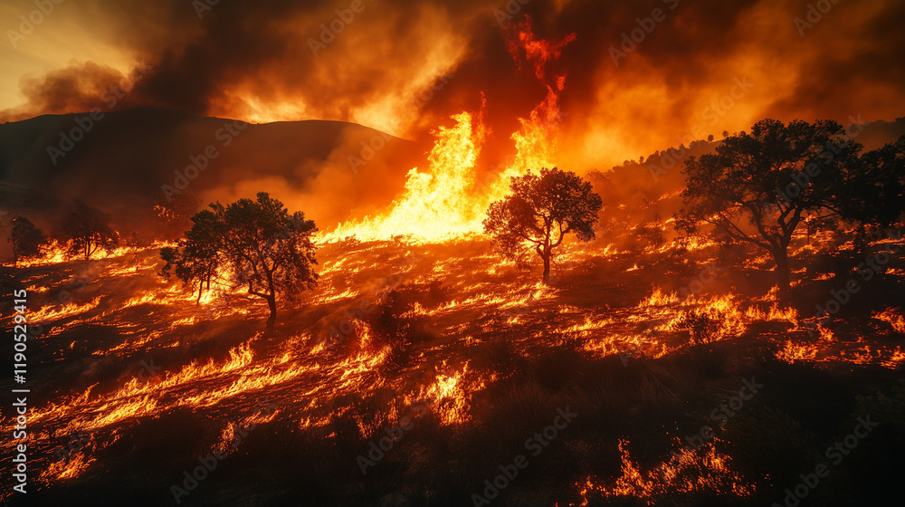 Naklejka premium Hollywood hills Landscape Burning with Flame and Smoke During California Wildfire, Fallen log burns in California wildfire, Fire Fighting, Brush and Tree Landscape Burning with Flame and Smoke During 