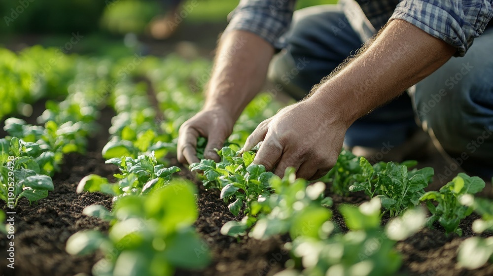 Fototapeta premium A farmer delicately tends to young spinach plants, nurturing growth in the fertile garden soil, showcasing sustainable agriculture practices