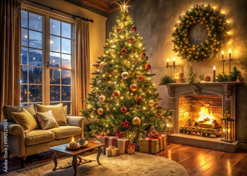 Cozy Christmas Eve:  Warm-lit Christmas Tree in Home Interior