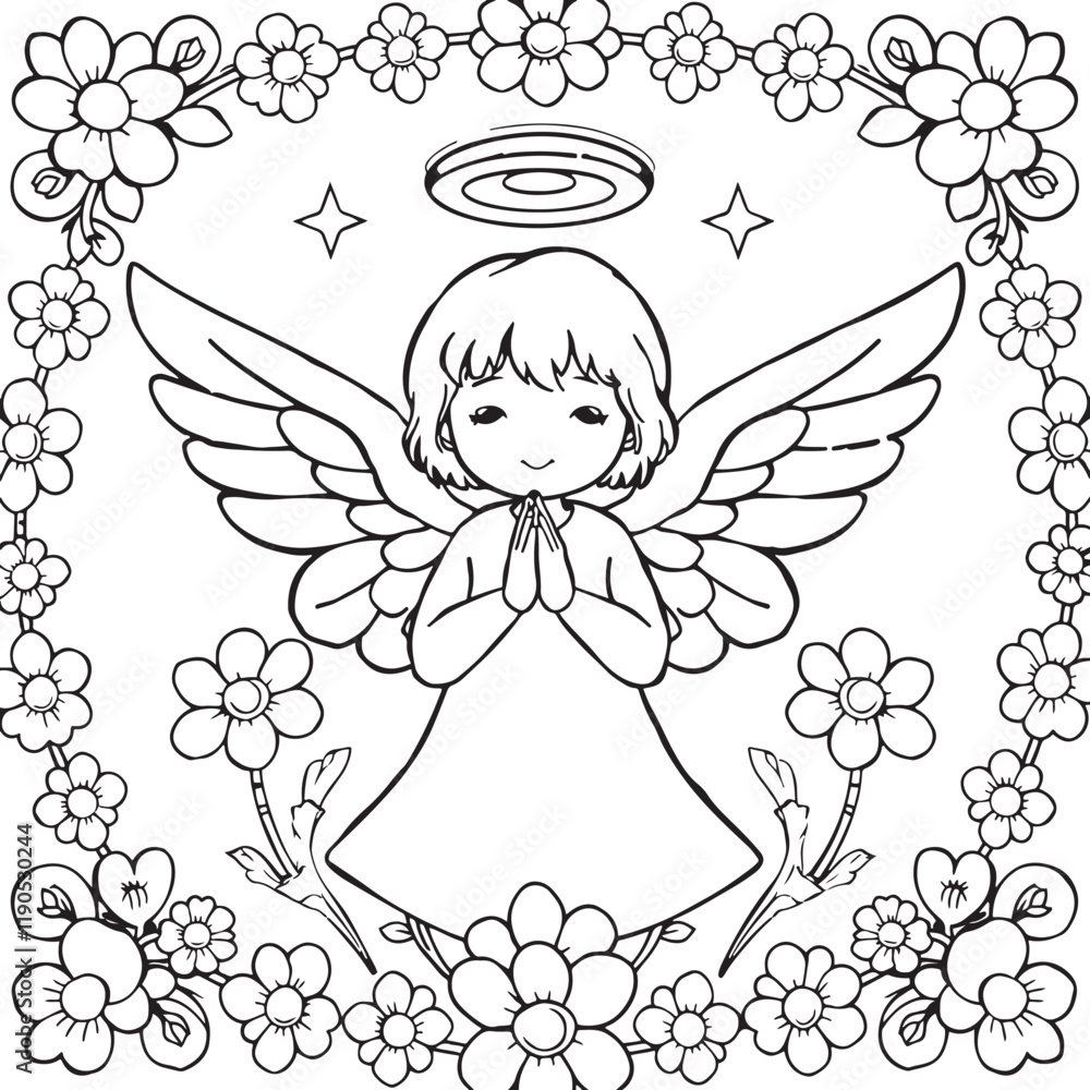 Fototapeta premium Cute cartoon character Christmas angel spread wings Coloring book page