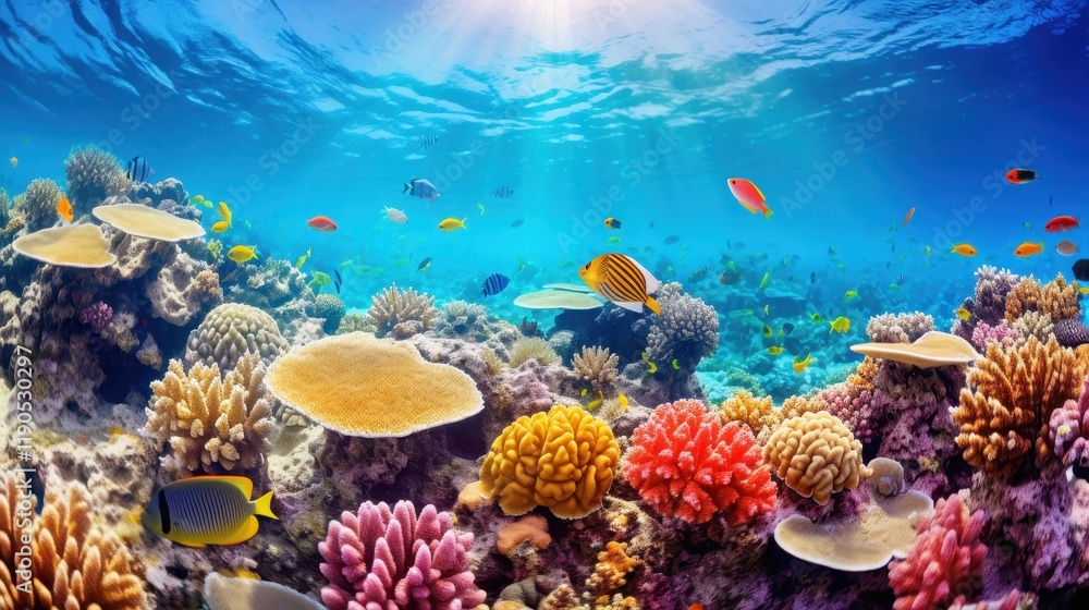 Obraz premium Tranquil Underwater Oasis: Vibrant Coral Reef with Colorful Fish and Sunlight