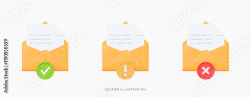 3D Set of Open Mail Envelopes with check, cross and exclamation mark. Yellow letter with document. Rejected or verified email message. Cartoon creative design icons. 3D Vector illustration