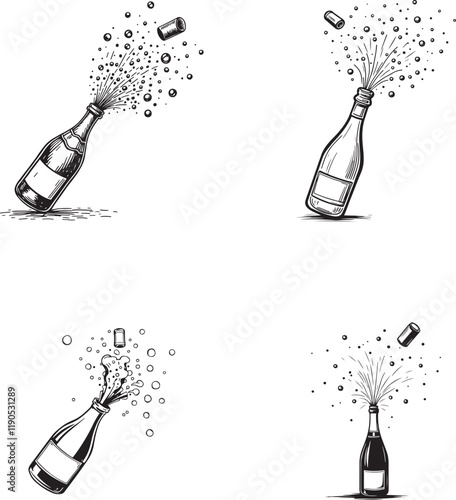 Set of hand drawn Alcohol with champagne foam bottle vector illustration for coloring page