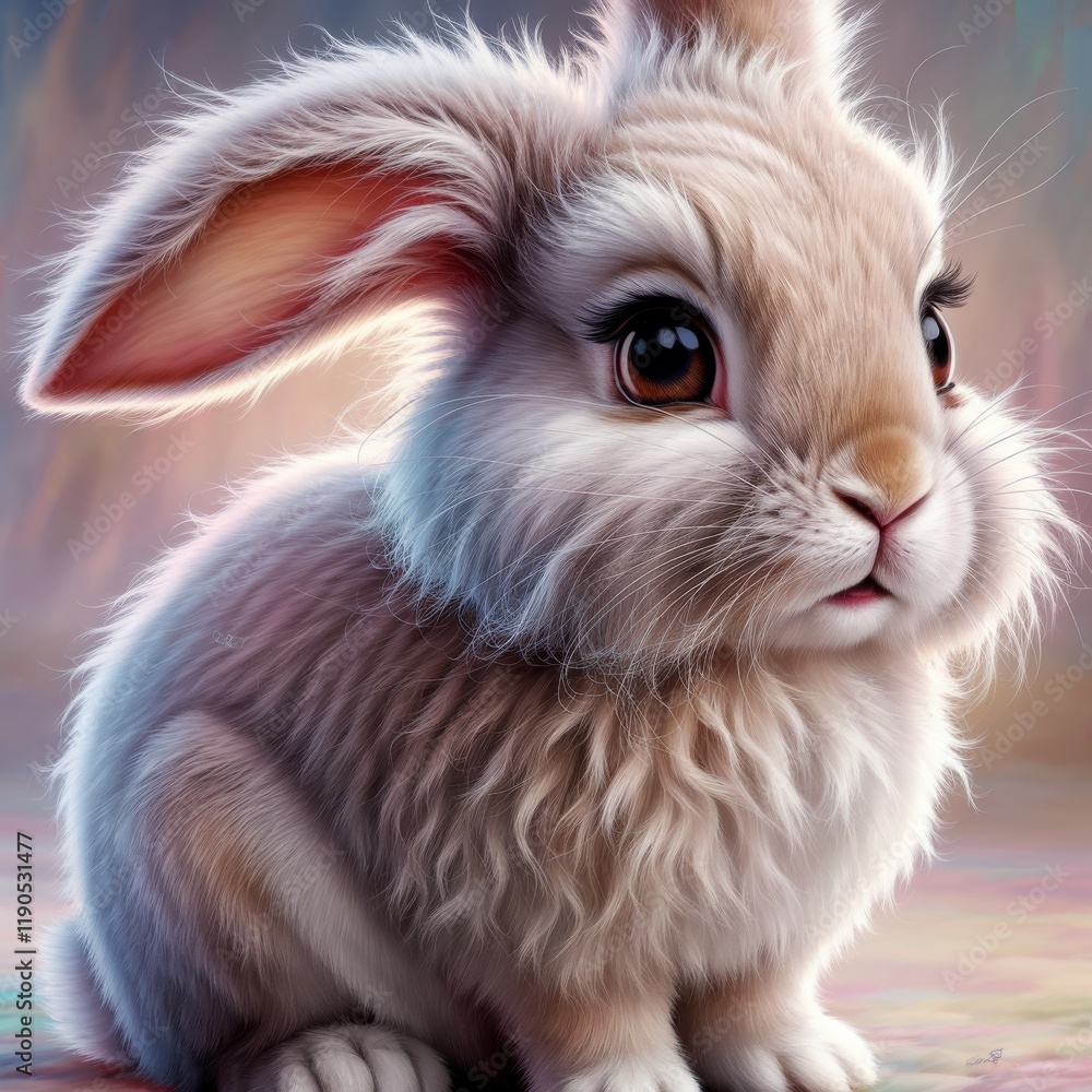 Fluffy White Rabbit Portrait on Pastel Background Fluffy White Rabbit Portrait on Pastel Background