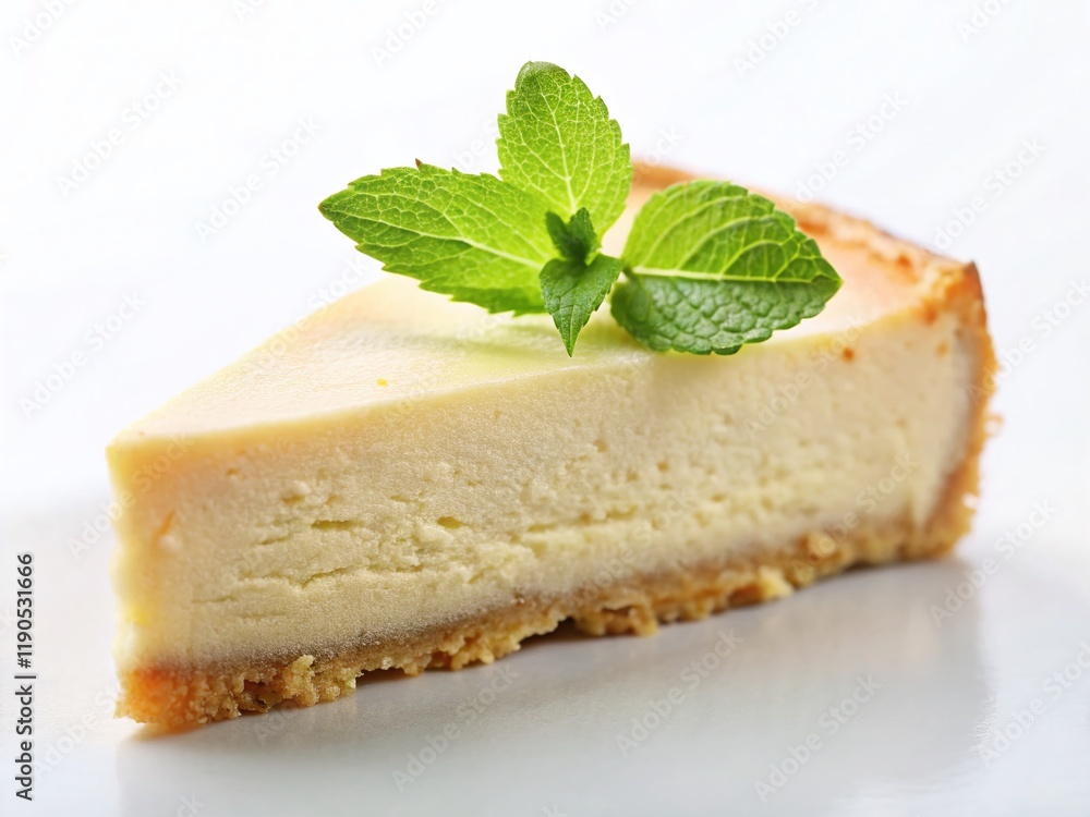 Creamy New York Cheesecake Slice with Fresh Mint Garnish - Delicious Dessert Stock Photo Creamy New York Cheesecake Slice with Fresh Mint Garnish - Delicious Dessert Stock Photo