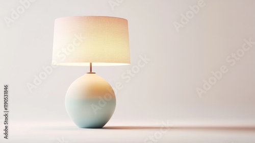 Illuminated table lamp with pastel-colored ceramic base and fabric shade on white background.