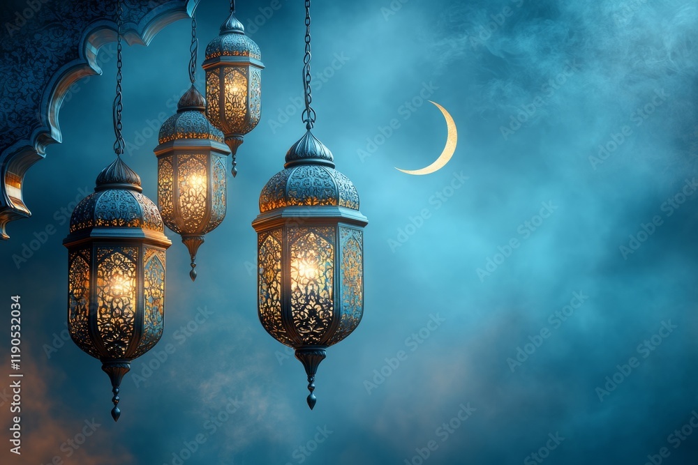 A Ramadan design background featuring hanging lanterns symmetrically aligned on each side, a crescent moon at the top, A Ramadan design background featuring hanging lanterns symmetrically aligned on each side, a crescent moon at the top,
