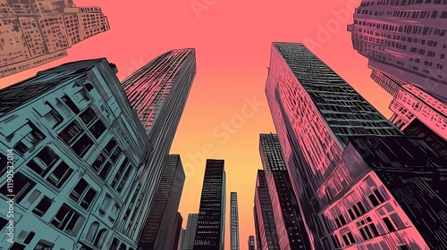 Sunset or sunrise Modern city skyscrapers panorama of tall buildings, urban background. Pop art retro vector illustration comic caricature 50s 60s style vintage kitsch