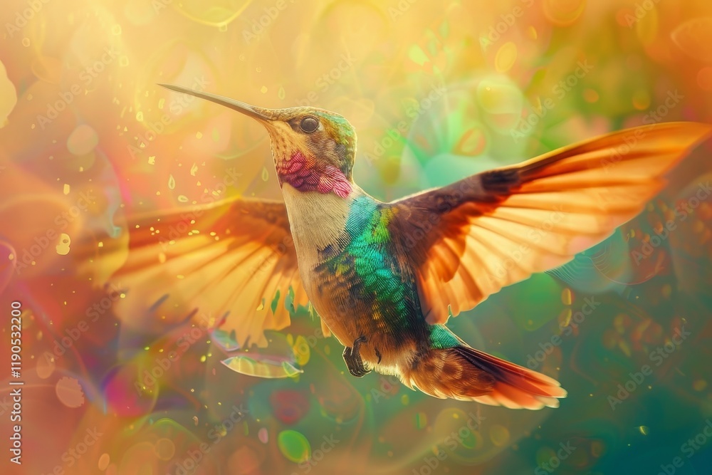 Obraz premium A vibrant, abstract painting of a hummingbird with iridescent wings, soaring against a backdrop of colorful light, The iridescent shimmer of a hummingbird's wings catching the sunlight