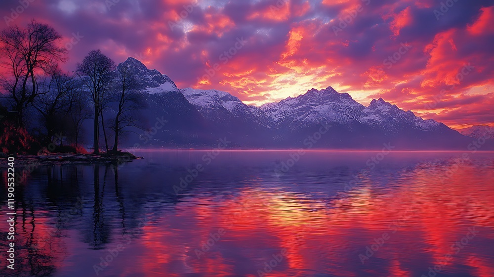 Fiery Sunset Over Snowcapped Mountains and Calm Lake Fiery Sunset Over Snowcapped Mountains and Calm Lake