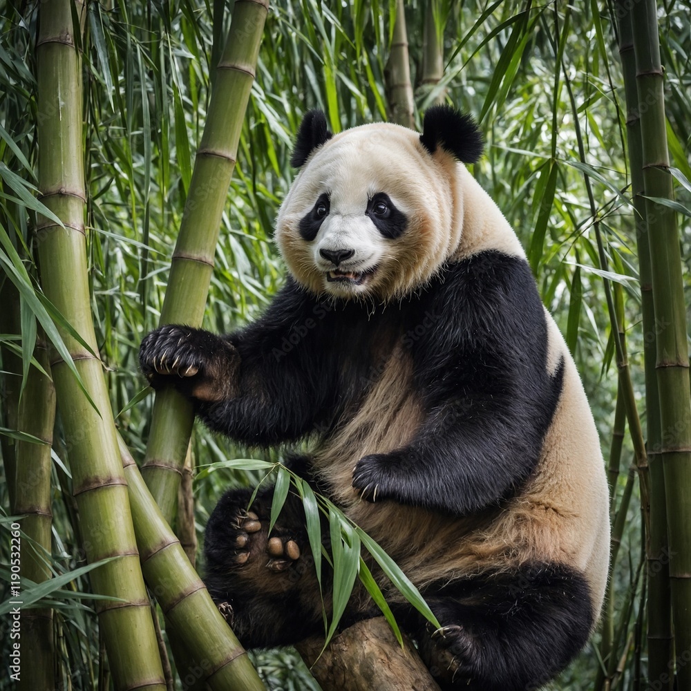 Obraz premium A panda climbing a bamboo tree.