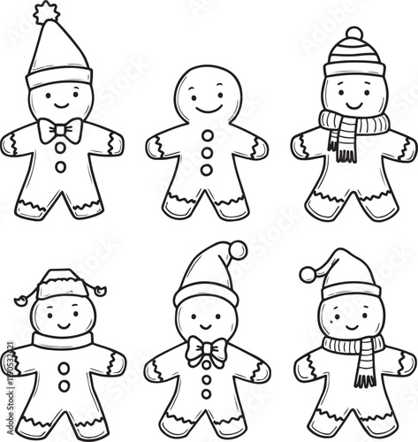 Hand drawn line art cartoon gingerbread men vector illustration set collection coloring page