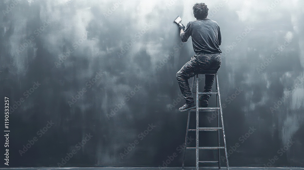 Man on ladder applying plaster to a wall. Man on ladder applying plaster to a wall.